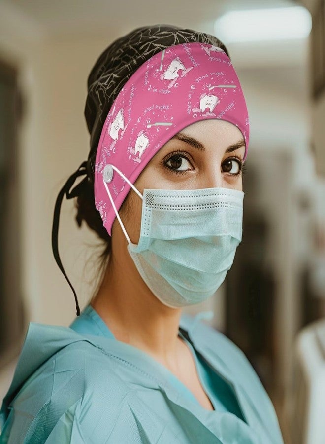 Gomyblomy Pink Teeth Print Nurse Headbands for Women Non Slip Elastic Nursing Headbands with Buttons for Mask Face Cover, Female Nurse Dentists Hairbands - Image 3